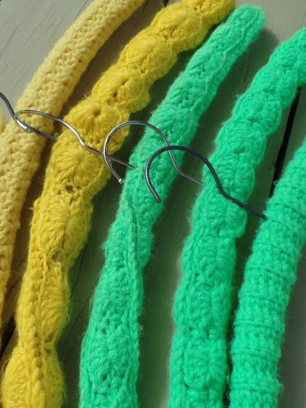 Vintage Hand Crocheted Hangers SET of 5 GREEN/YELLOW